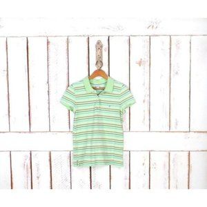 90s green striped cotton polo shirt/striped collared top/short sleeve pullover